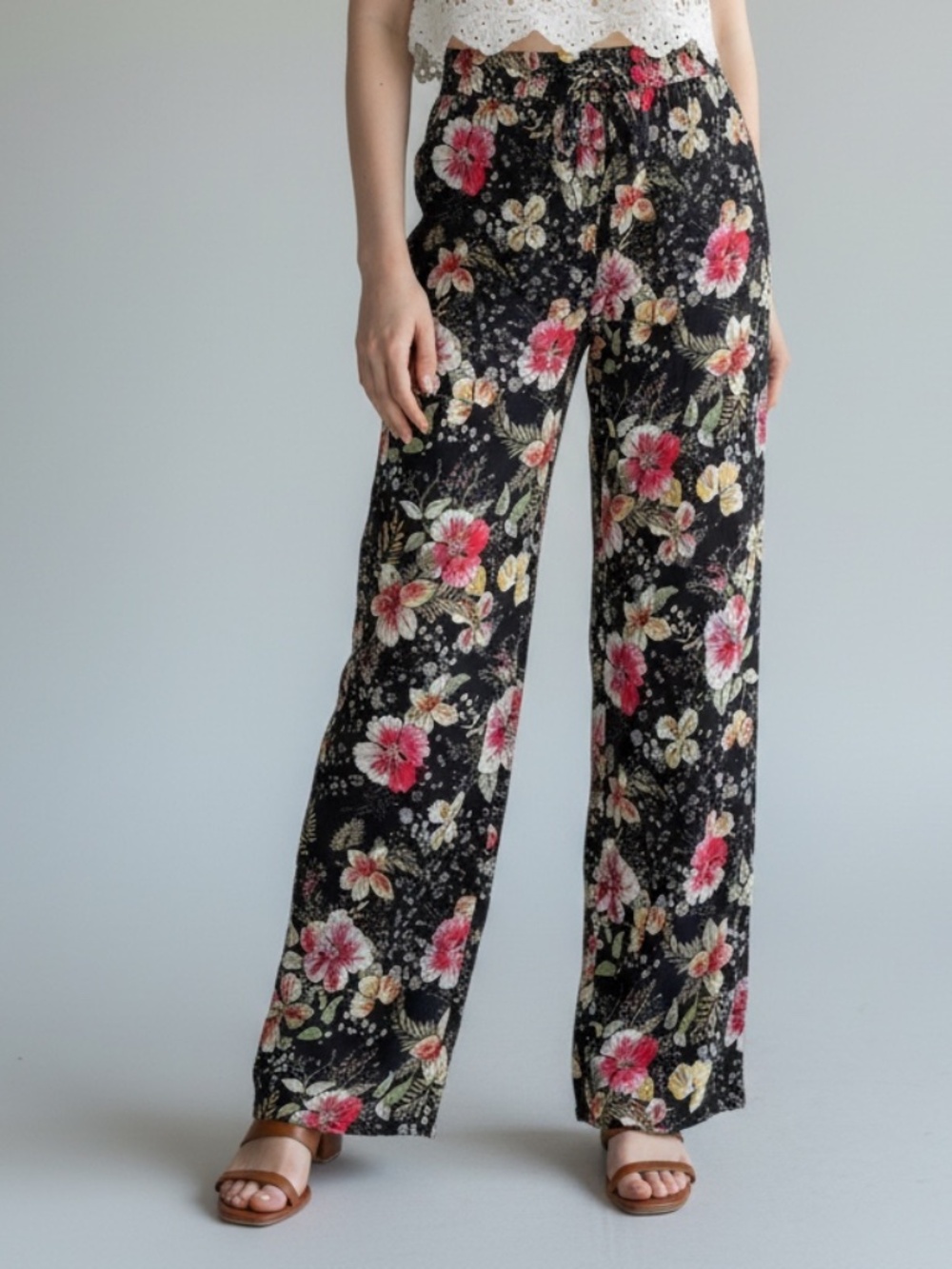 Zara Woman Tropical Print Black Floral Flowy Palazzos Wide Leg Pants Size Medium